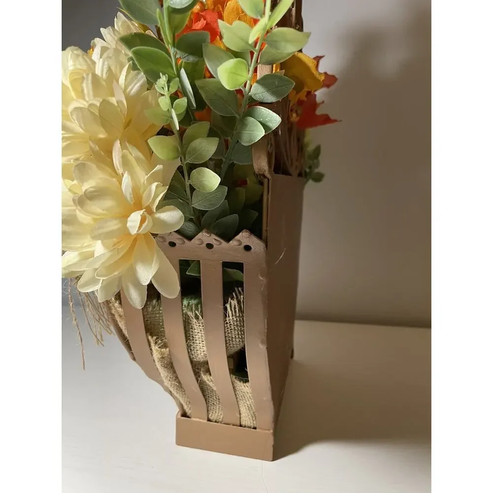 Fall Flower Arrangement In Large Upcycled Metal Hanging Basket Copper Painted